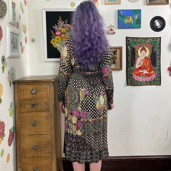 Vintage Faux Patchwork Print Dress, 1990s Bohemian Rayon Midi, Sz M April Rain - Picture 3 of 13